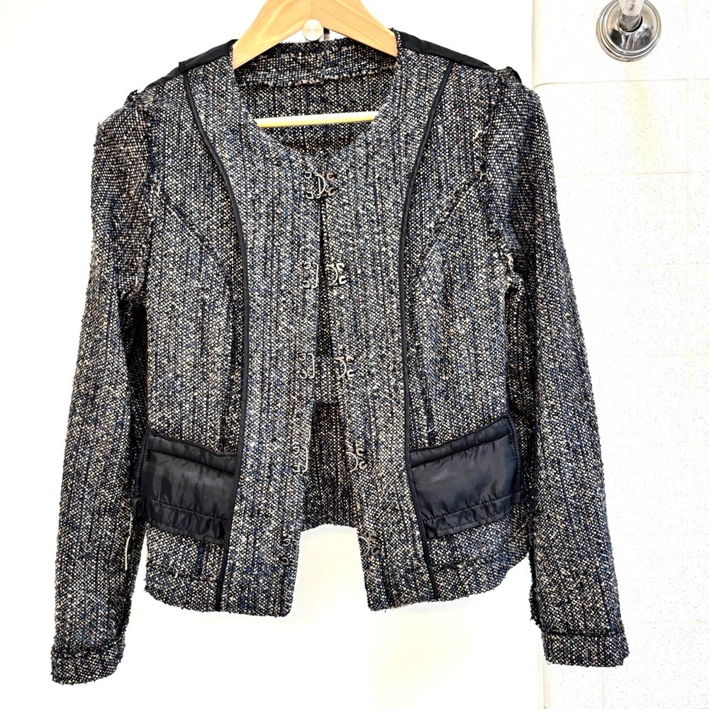 Willi Smith Tweed Blazer Size Large Black Cream Sophisticated Office Stretch - Picture 11 of 14
